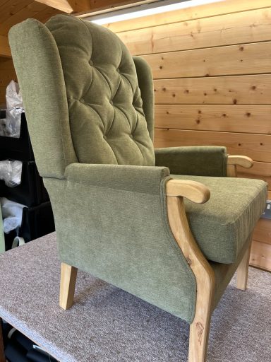 Green upholstered armchair with a high back and wooden arms, set against a wooden backdrop.